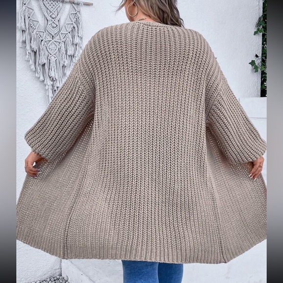 New Open Front Duster Cardigan Oversized Pointelle Drop Shoulder Khaki Knit Cozy - Picture 3 of 16